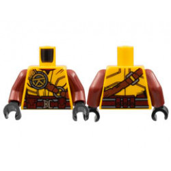 Torso Female, Dark Red Collar and Belt, Reddish Brown Shoulder Belt, Silver Buckles, Gold Ninjago Logogram R Pattern / Dark Red Arms / Black Hands : {огнено жълто-оранжев}