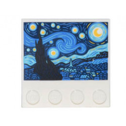 Tile, Modified 4 x 4 with Studs on Edge with The Starry Night Painting Pattern: {бял}