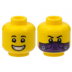 Minifigure, Head Dual Sided Child, Black Eyebrows, Wide Smile with Teeth / Dark Purple Mask Pattern - Hollow Stud: {ярко жълт}