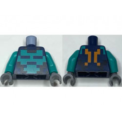 Torso Pixelated Dark Turquoise and Black Shirt, Bright Light Orange Straps on Back Pattern / Dark Turquoise Arms / Dark Bluish Gray Hands : {земно син}