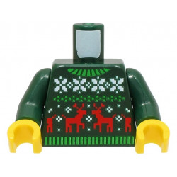 Torso Knit Fair Isle Holiday Sweater with Green Collar, White Snowflakes and Red Reindeer Pattern (BAM) / Dark Green Arms / Yellow Hands: {земно зелен}