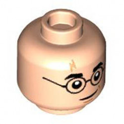 Minifigure, Head Dual Sided Medium Nougat Lightning Scar, Black Eyebrows, Glasses Round, Chin Dimple, Smirk / Frown with Broken Glasses Pattern - Hollow Stud : {светло нуга}