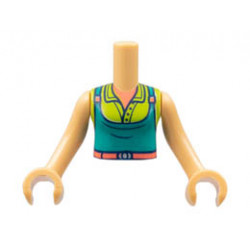 Torso Mini Doll Girl Coral Neck and Belt, Lime Shirt, Dark Turquoise Apron Pattern, Medium Tan Arms with Hands: {умерен тан}
