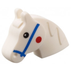 Minifigure, Utensil Stick Pony Head with Blue Bridle, Black Eyes, Red Spot on Cheeks Pattern: {бял}