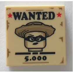 Tile 2 x 2 with 'WANTED', '5.000', Red Stars and Female Western Bandit Minifigure on Poster Pattern (BAM): {тухлено жълт}
