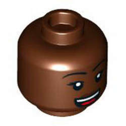 Minifigure, Head Female Black Eyebrows, Dark Brown Lips, Open Mouth Smile with Teeth and Tongue Pattern - Hollow Stud: {червеникаво-кафяв}