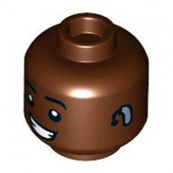 Minifigure, Head Black Eyebrows, Lopsided Smile with Teeth, Bright Light Blue Hearing Aid on Left Pattern - Hollow Stud: {червеникаво-кафяв}