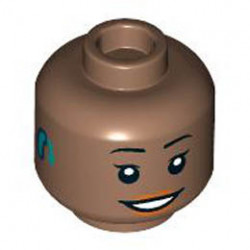 Minifigure, Head Female Black Eyebrows, Dark Orange Lips, Smile, Dark Turquoise and Blue Hearing Aid Right Pattern - Hollow Stud: {умерено кафяв}