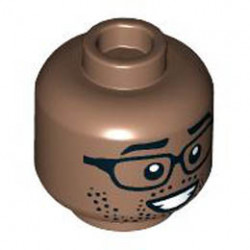 Minifigure, Head Dual Sided Black Eyebrows, Glasses, Stubble, Lopsided Grin / Smile with Teeth Pattern - Hollow Stud: {умерено кафяв}