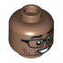 Minifigure, Head Dual Sided Black Eyebrows, Glasses, Stubble, Lopsided Grin / Smile with Teeth Pattern - Hollow Stud: {умерено кафяв}
