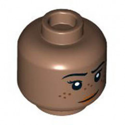 Minifigure, Head Female Black Eyebrows, Reddish Brown Freckles, Dark Orange Lips, Lopsided Smile Pattern - Hollow Stud: {умерено кафяв}