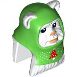 Minifigure, Head, Modified SW Ewok with Molded Bright Green Hood and Printed Black Eyes, Nougat Nose and Lips, and Red Christmas Tree Pattern: {бял}