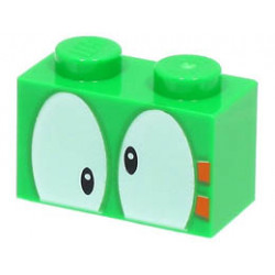Brick 1 x 2 with Black Eyes on White Background and 2 Orange Rectangles Pattern (Lemmy): {ярко зелен}
