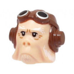 Minifigure, Head, Modified SW Ugnaught, Kuiil with White Eyebrows and Beard and Reddish Brown Aviator Cap with Goggles Pattern: {светло нуга}