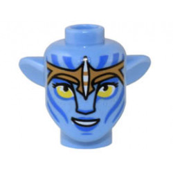 Minifigure, Head, Modified Alien Navi with Yellow Eyes, Silver Spots, Blue Markings and Lips, Medium Nougat Headband, Open Mouth Smile with Teeth Pattern : {умерено син}