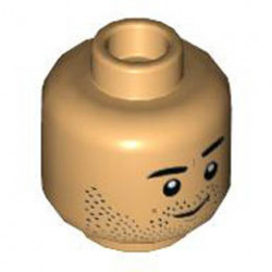 Minifigure, Head Black Eyebrows and Beard Stubble with Smirk and Chin Dimple Pattern - Hollow Stud: {умерен тан}