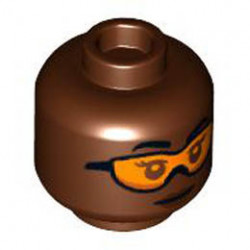 Minifigure, Head Female Black Eyebrows, Orange Goggles, Dark Brown Lips Pattern - Hollow Stud: {червеникаво-кафяв}