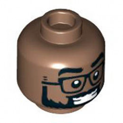 Minifigure, Head Dual Sided Black Eyebrows, Glasses, and Full Beard, Smile with Teeth / Pucker Pattern - Hollow Stud: {умерено кафяв}