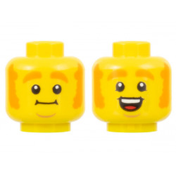 Minifigure, Head Dual Sided Orange Thick Eyebrows and Mutton Chops, Medium Nougat Chin Dimple, Neutral / Open Mouth Smile with Top Teeth and Red Tongue Pattern - Hollow Stud: {ярко жълт}