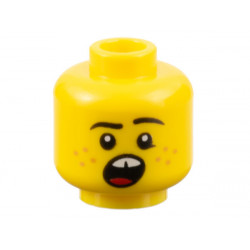 Minifigure, Head Black Eyebrows, Medium Nougat Freckles, Open Mouth with Gap in Teeth, Red Tongue Pattern - Hollow Stud: {ярко жълт}