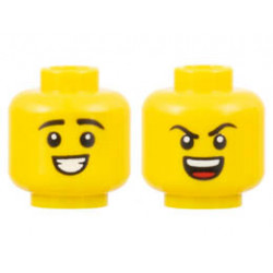 Minifigure, Head Dual Sided, Black Eyebrows, Smile with Teeth / Angry with Teeth and Tongue Pattern - Hollow Stud: {ярко жълт}