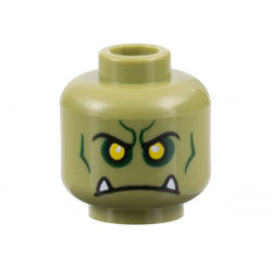 Minifigure, Head Alien Orc with Yellow Eyes, Black Eyebrows, Dark Green Contours and Eye Shadow, and Frown with White Lower Fangs Pattern - Hollow Stud: {маслинено зелен}