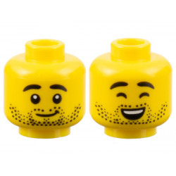 Minifigure, Head Dual Sided Black Eyebrows and Stubble, Grin / Closed Eyes, Open Mouth Smile with Top Teeth Pattern - Hollow Stud: {ярко жълт}