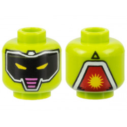 Minifigure, Head Alien Robot, Black Mask with White Outline, Yellow Slit Eyes, Dark Pink Stripes Pattern - Hollow Stud: {ярко жълто-зелен}