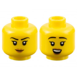 Minifigure, Head Dual Sided Female Black Eyebrows, Medium Nougat Lips, Neutral / Open Mouth Smile with Top Teeth Pattern - Hollow Stud: {ярко жълт}