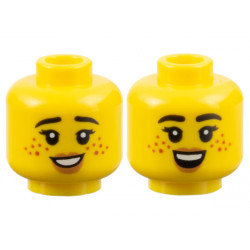 Minifigure, Head Dual Sided Female Black Eyebrows, Eyelashes, Dark Orange Freckles, Medium Nougat Lips, Open Mouth Smile with Teeth / Top Teeth Pattern - Hollow Stud: {ярко жълт}
