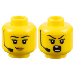 Minifigure, Head Dual Sided Female Black Eyebrows and Headset, Medium Nougat Lips, Lopsided Grin / Shouting Pattern - Hollow Stud: {ярко жълт}