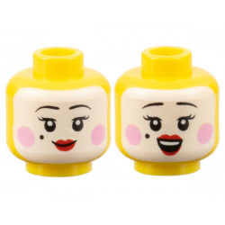 Minifigure, Head Dual Sided Female White Face, Black Eyebrows, Beauty Mark, Bright Pink Circles on Cheeks, Red Lips, Grin / Open Mouth Smile with Top Teeth Pattern - Hollow Stud: {ярко жълт}