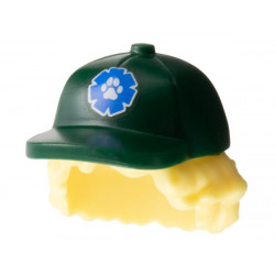Minifigure, Hair Combo, Hair with Hat, Bushy Hair with Dark Green Ball Cap with Blue Patch with White Paw Pattern: {студено жълт}