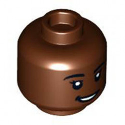 Minifigure, Head Dual Sided Female, Black Eyebrows, Dark Brown Chin Dimple, Open Mouth, Lopsided Smile / Scared Pattern - Hollow Stud : {червеникаво-кафяв}