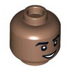 Minifigure, Head Dual Sided Black Thick Eyebrows, Chin Dimple, Grin with Teeth / Scared Pattern - Hollow Stud: {умерено кафяв}