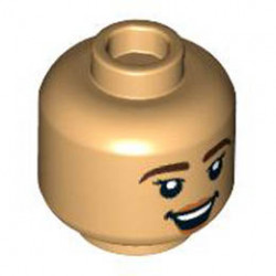 Minifigure, Head Dual Sided Female Dark Brown Eyebrows, Peach Lips, Lopsided Grin / Open Mouth Smile Pattern - Hollow Stud: {умерен тан}