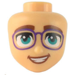 Mini Doll, Head Friends with Thick Reddish Brown Eyebrows, Dark Turquoise Eyes, Dark Purple Glasses, and Open Mouth Smile with Teeth Pattern : {умерен тан}