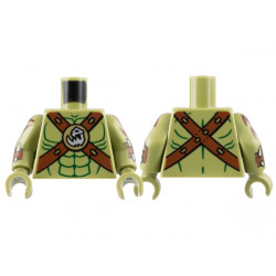Torso Bare Chest, Dark Green Contour Lines, Reddish Brown Crossbelts with Skull Clasp Pattern / Olive Green Arms with Reddish Brown Cuffs and Zig Zag Tattoos Pattern / Olive Green Hands: {маслинено зелен}