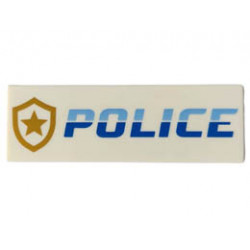 Tile 2 x 6 with Bright Light Blue and Blue POLICE and Gold Star Badge Logo Pattern: {бял}