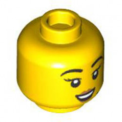Minifigure, Head Dual Sided Female Black Eyebrows, Nougat Lips, Beauty Mark, Open Mouth Smile / Bright Light Blue Surgical Mask Pattern - Hollow Stud : {ярко жълт}