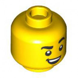 Minifigure, Head Dual Sided Black Eyebrows, Smile with Teeth, Chin Dimple / Open Mouth, Red Tongue, Sweat Drops Pattern - Hollow Stud : {ярко жълт}