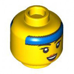 Minifigure, Head Dual Sided Female Black Eyebrows and Eyelashes, Blue Headband, Open Smile / Closed Eyes, Lopsided Open Mouth Pattern - Hollow Stud : {ярко жълт}