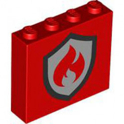 Brick 1 x 4 x 3 with Black and Silver Fire Logo Badge Pattern: {ярко червен}