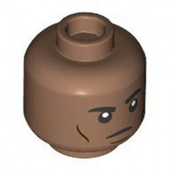 Minifigure, Head Stern Black Eyebrows, Dark Brown Cheek Lines and Chin Dimple Pattern - Hollow Stud: {умерено кафяв}