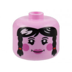 Minifigure, Head, Modified Giant, Female Black Hair with Braids, Dark Pink Cheeks and Lips Pattern - Vented Stud: {светло пурпурен}