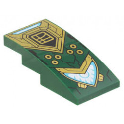 Slope, Curved 4 x 2 with Black and Gold Armor, Circles, Ninjago Logogram L, and Medium Azure and White Headlight Pattern: {земно зелен}
