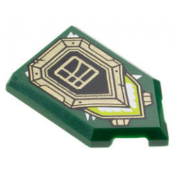 Tile, Modified 2 x 3 Pentagonal with Black and Gold Shield, Ninjago Logogram L, and Lime and White Light Pattern: {земно зелен}