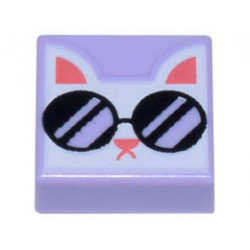 Tile 1 x 1 with Groove with White Cat Head with Black Sunglasses and Coral Ears, Nose, and Mouth Pattern: {лавандулов}