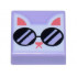 Tile 1 x 1 with Groove with White Cat Head with Black Sunglasses and Coral Ears, Nose, and Mouth Pattern: {лавандулов}