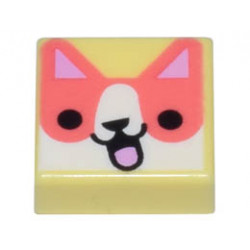 Tile 1 x 1 with Groove with Coral and White Dog Head with Bright Pink Ears, Black Nose, and Open Mouth with Tongue Pattern: {студено жълт}